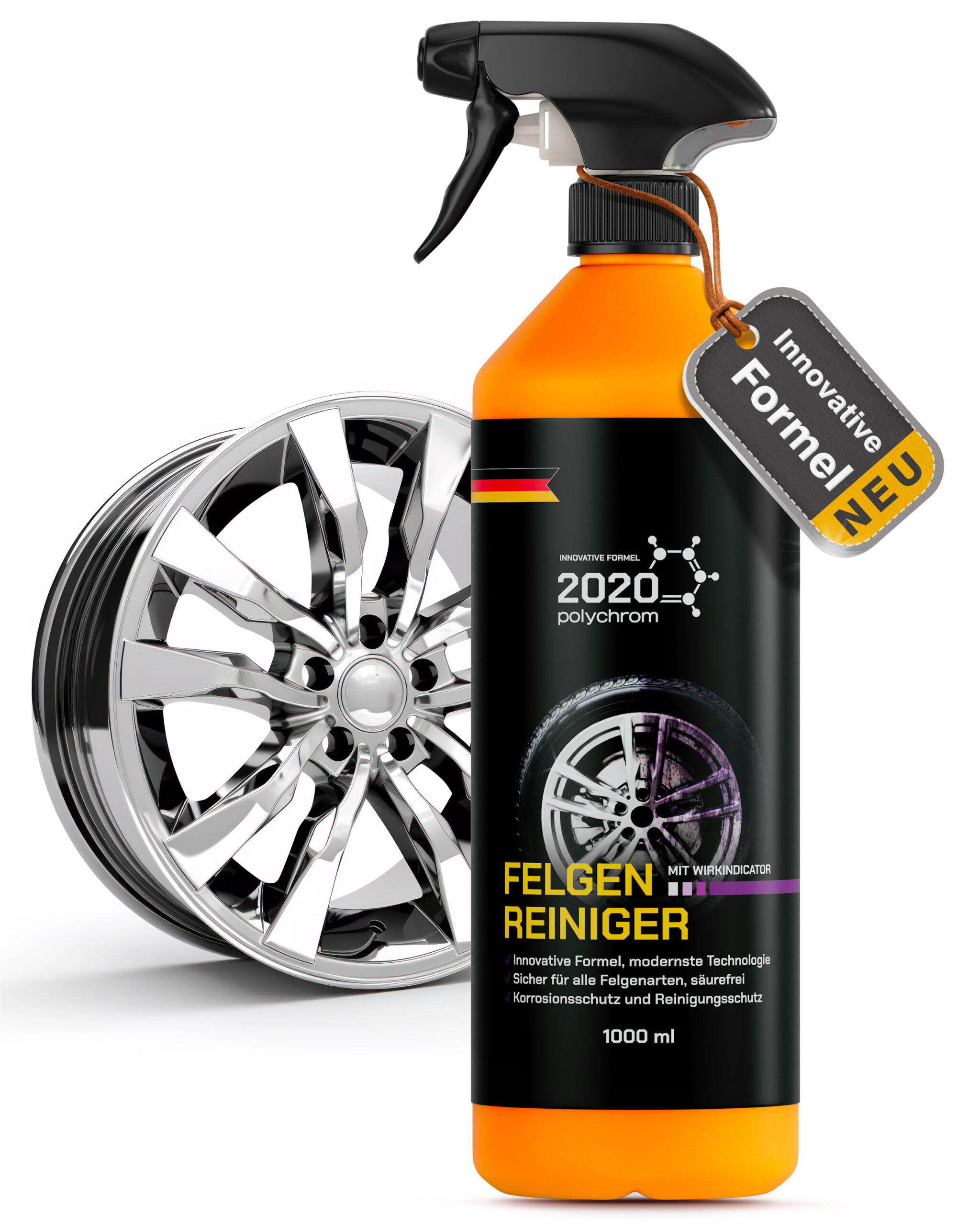 2020 Polychrom Felgenreiniger 1000 ml – Säurefrei, Mit Wirkindikator, Schutz vor Bremsstaub, Korrosionsschutz – Für Aluminium-, Chrom- und Stahlfelgen