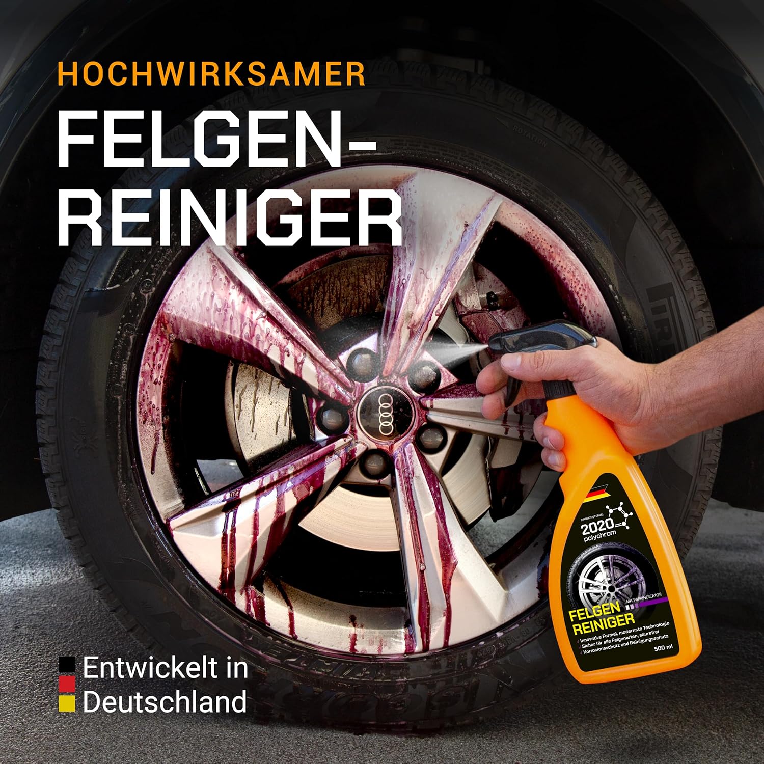2020 Polychrom Felgenreiniger 500 ml – Säurefrei, Mit Wirkindikator, Schutz vor Bremsstaub, Korrosionsschutz – Für Aluminium-, Chrom- und Stahlfelgen – Bild 2