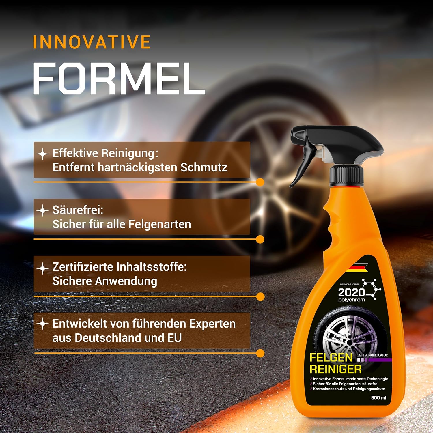 2020 Polychrom Felgenreiniger 500 ml – Säurefrei, Mit Wirkindikator, Schutz vor Bremsstaub, Korrosionsschutz – Für Aluminium-, Chrom- und Stahlfelgen – Bild 3
